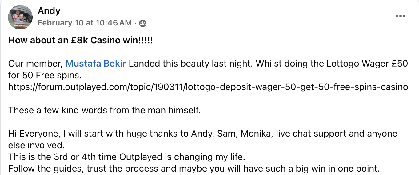 member testimonial for a £8k casino win